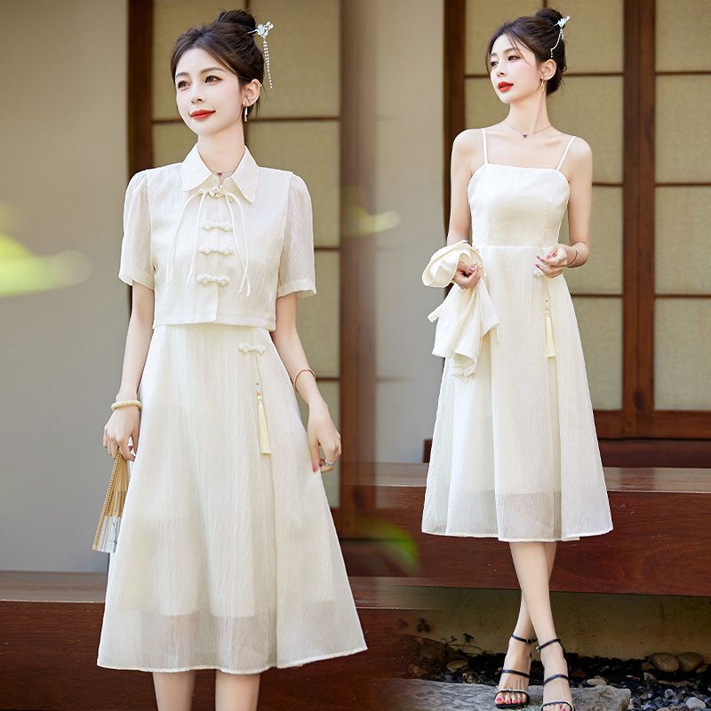 New Chinese-Style National Style Dress for Women 2026 Summer New Short-Sleeve Buttoned Shirt with Suspender Skirt Hanfu Two-Piece Set