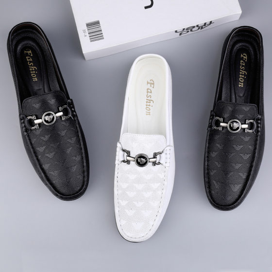 Top layer cowhide casual men's shoes black genuine leather loafers simple versatile slip-on youth formal wear lazy shoes