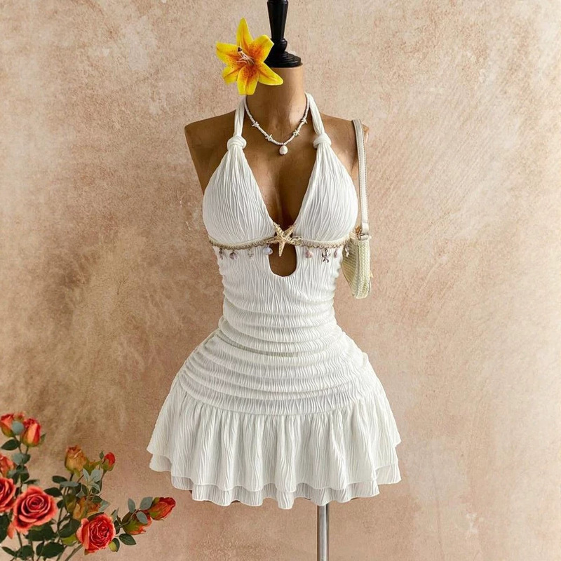 European and American Cross-Border 2026 New White Backless Twist Halter Neck Slim Fit Mini Dress with Metal Shell Decoration