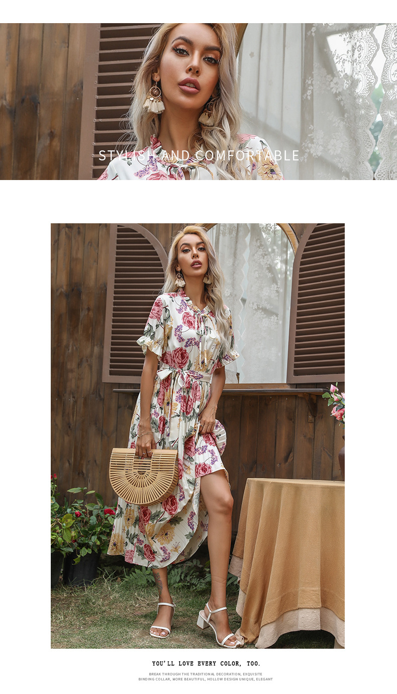 printed ruffled short-sleeved double drawstring pleated dress NSYYF61477