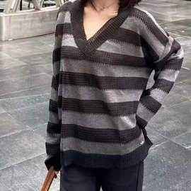 美式复古条纹v领毛衣慵懒风罩衫女秋长袖针织衫慵懒宽松休闲上衣
