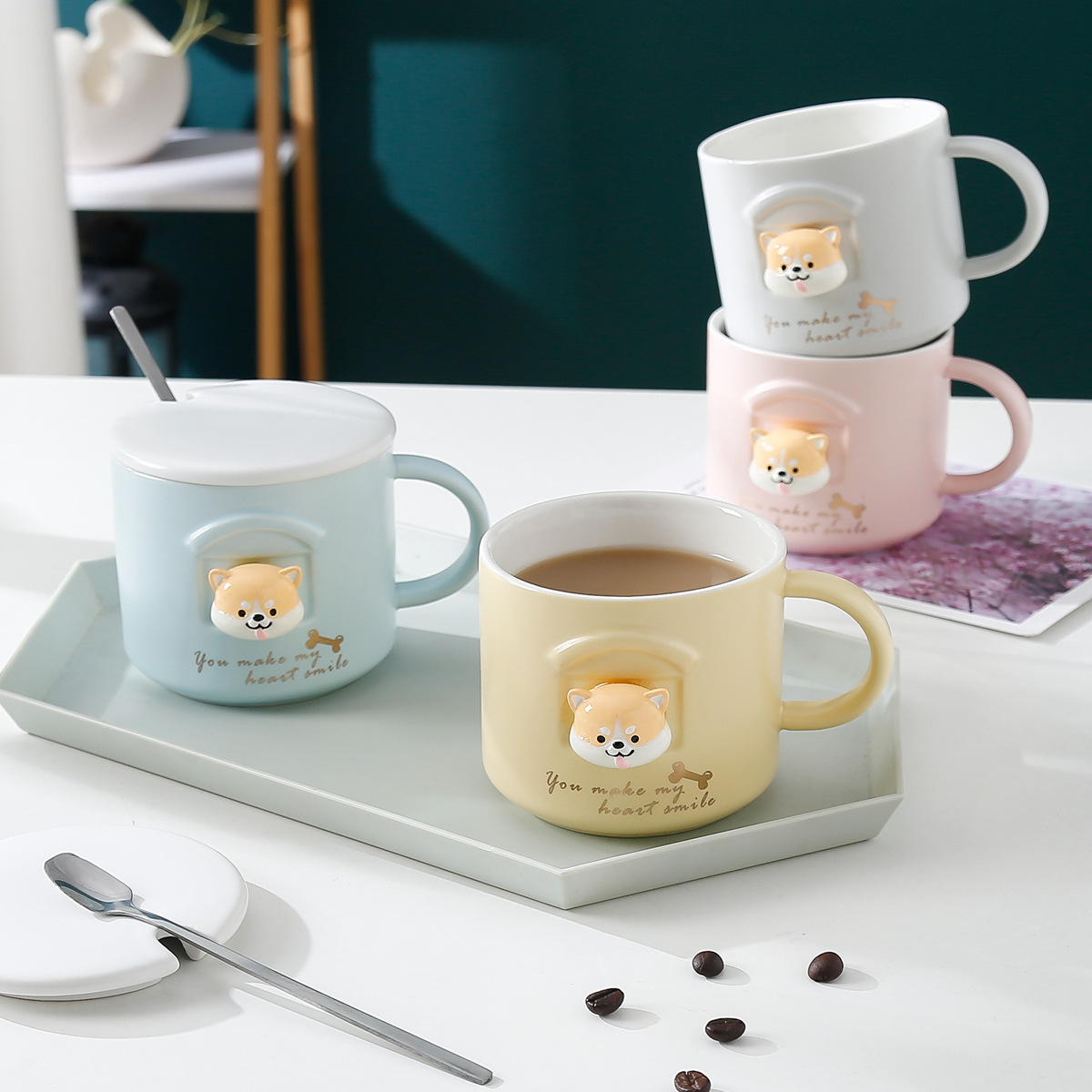 Tridimensional Shiba Inu Taza de cerámica de dibujos animados lindo perro Akita taza con tapa cuchara estudiante Oficina taza de agua en el hogar pareja