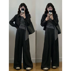 大码女装胖mm秋季新款格子吊带牛仔外套休闲慵懒三件套
