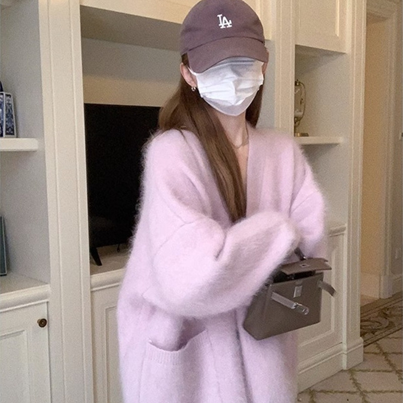 Purple Mink Cardigan Sweater Jacket for Women Autumn and Winter 2025 New Style Gentle Korean Style Lazy Mid-Length Knitted