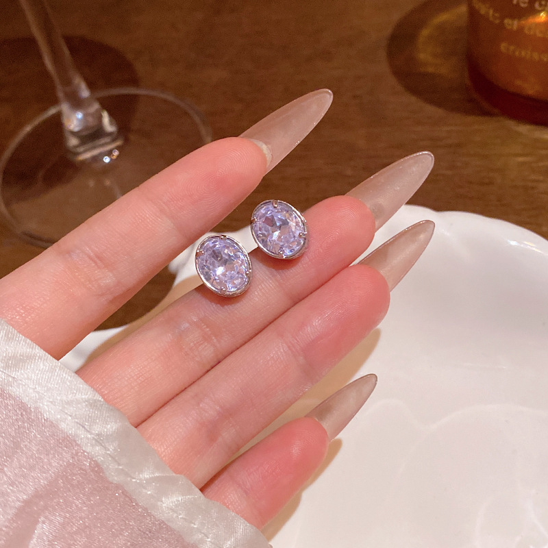 韩系爆闪椭圆形大锆石耳钉女轻奢小众简约大气耳环网红同款耳饰品|undefined