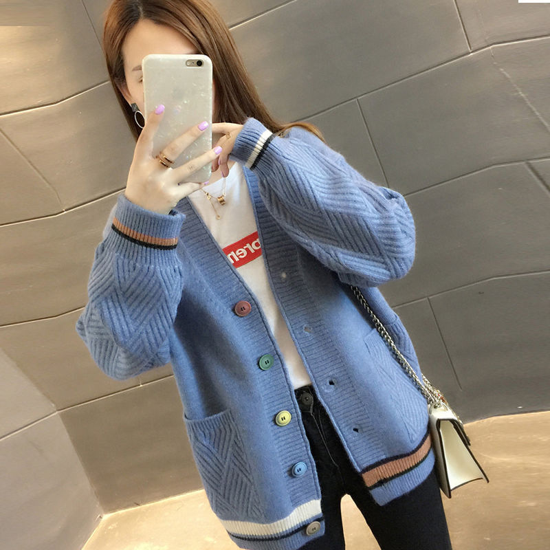春と秋の新 V ネックカラーブロックセーター女性のコート韓国スタイルルーズ多用途ファッション西洋スタイルニットカーディガン女性|undefined