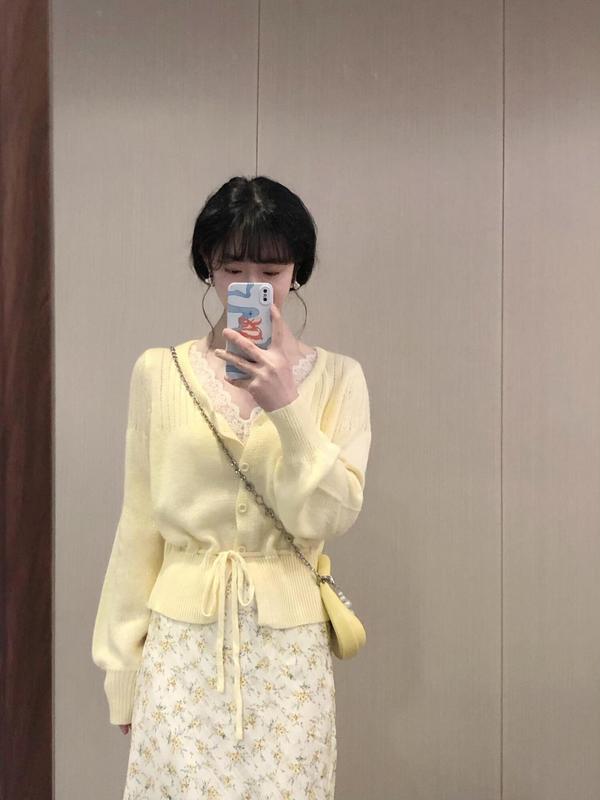 法式甜美黄色U领长袖开衫上衣女收腰显瘦针织衫外套初秋穿搭上衣|undefined