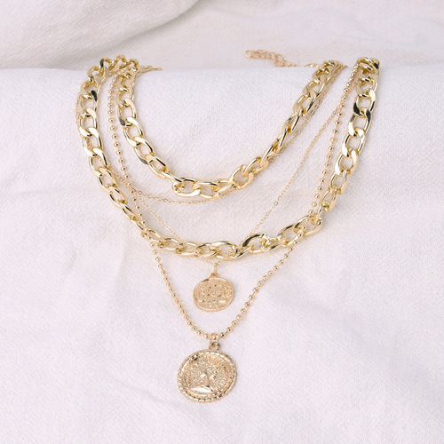 C193 Amazon cross-border necklace accessories fashion exaggerated multi-layered round card pendant coin multi-layered necklace women's choker