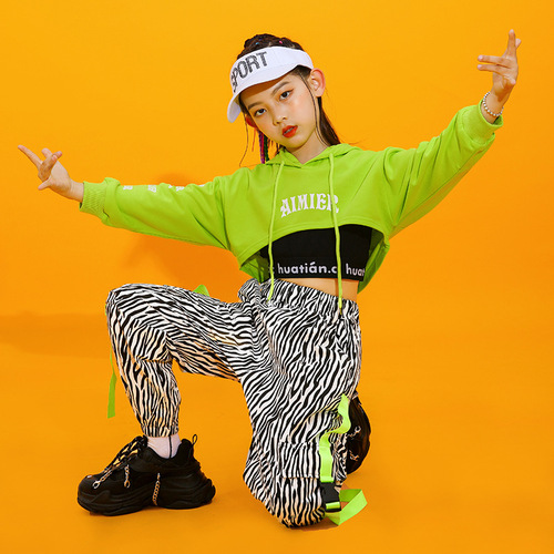 Children green zebra pants rapper jazz dance uniforms hip-hop clothing long suit loose clothing during hiphop dance costumes of the girls