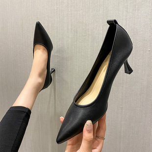 2024 Spring New Soft Leather Comfortable Genuine Leather Professional Work Shoes High Heels Women's Stiletto Heels Pointed Toe Single Shoes for Women