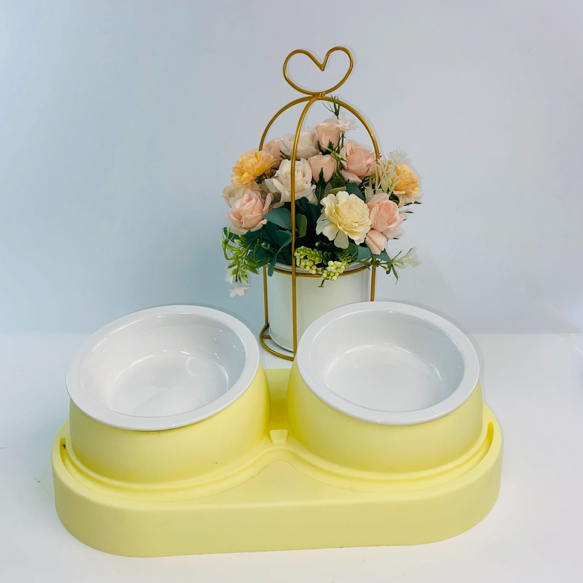 크림 옐로우 세라믹 경사 입 더블 그릇 세라믹