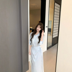 高级感假两件蓝色衬衫连衣裙女早秋季小众设计显瘦气质POLO长裙