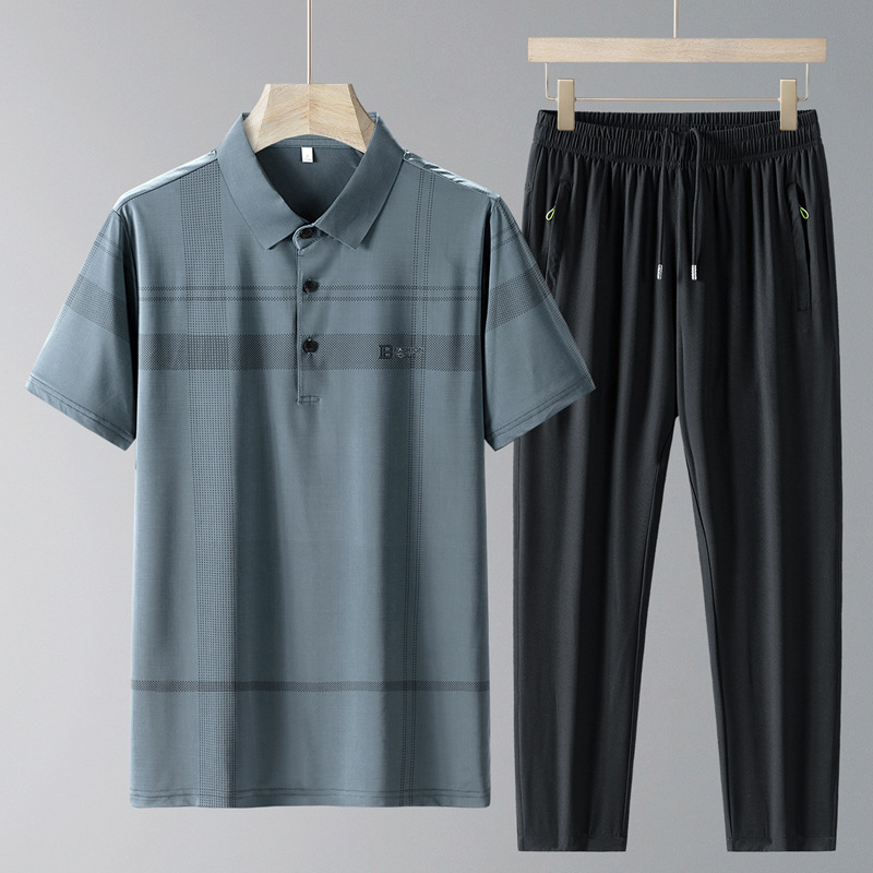 Traje casual de verano pantalones de manga corta para hombre 2025 nueva camisa POLO con sensación de hielo traje de dos piezas para papá de secado rápido para hombre