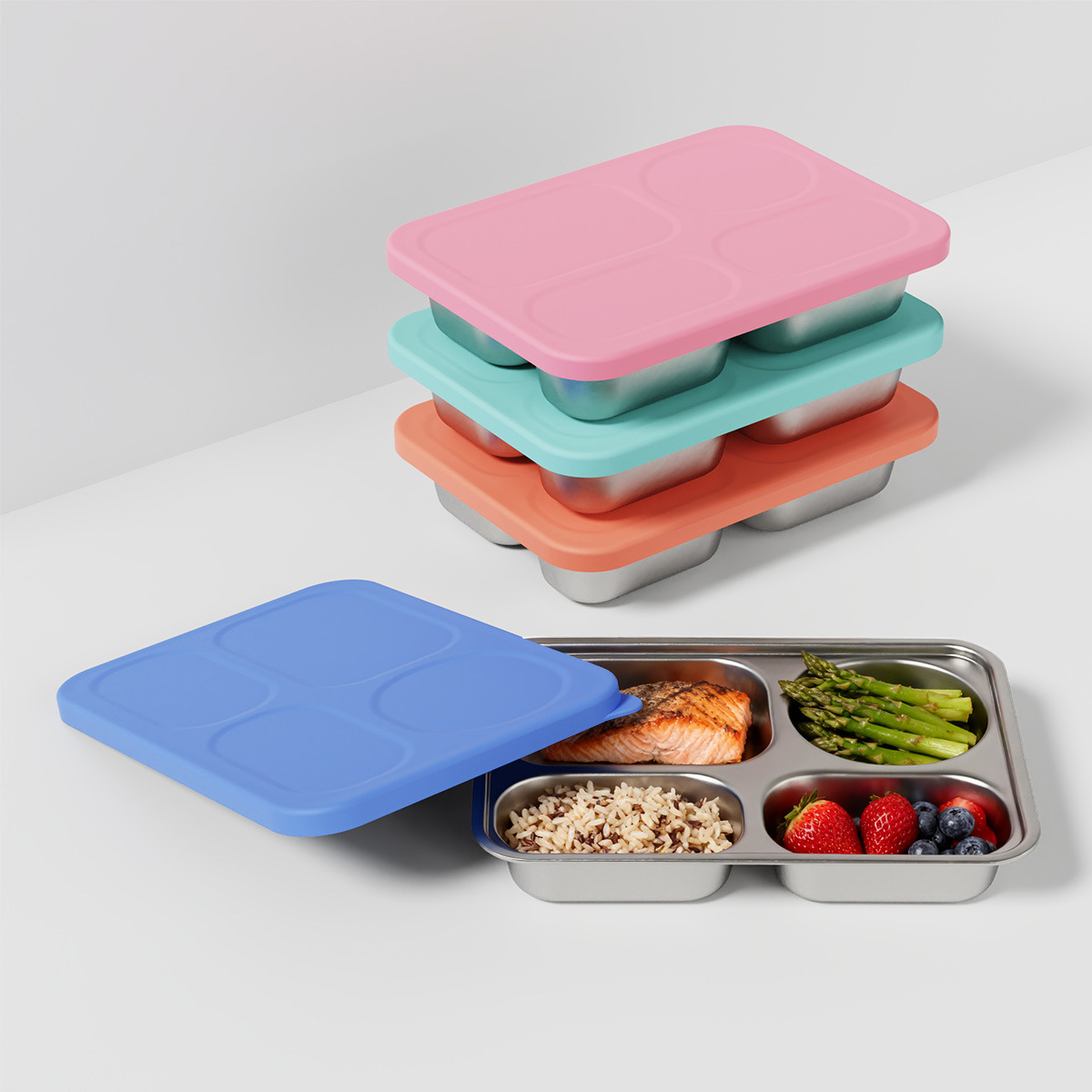 Factory Wholesale 304 Stainless Steel Dinner Plate Cross-Border Children's Dinner Plate with Lid Four-Compartment Lunch Box Baby Food Supplement Dinner Plate