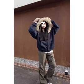 【华棉复合银狐绒】美式高街小熊耳朵连帽毛领卫衣女春秋2025新款