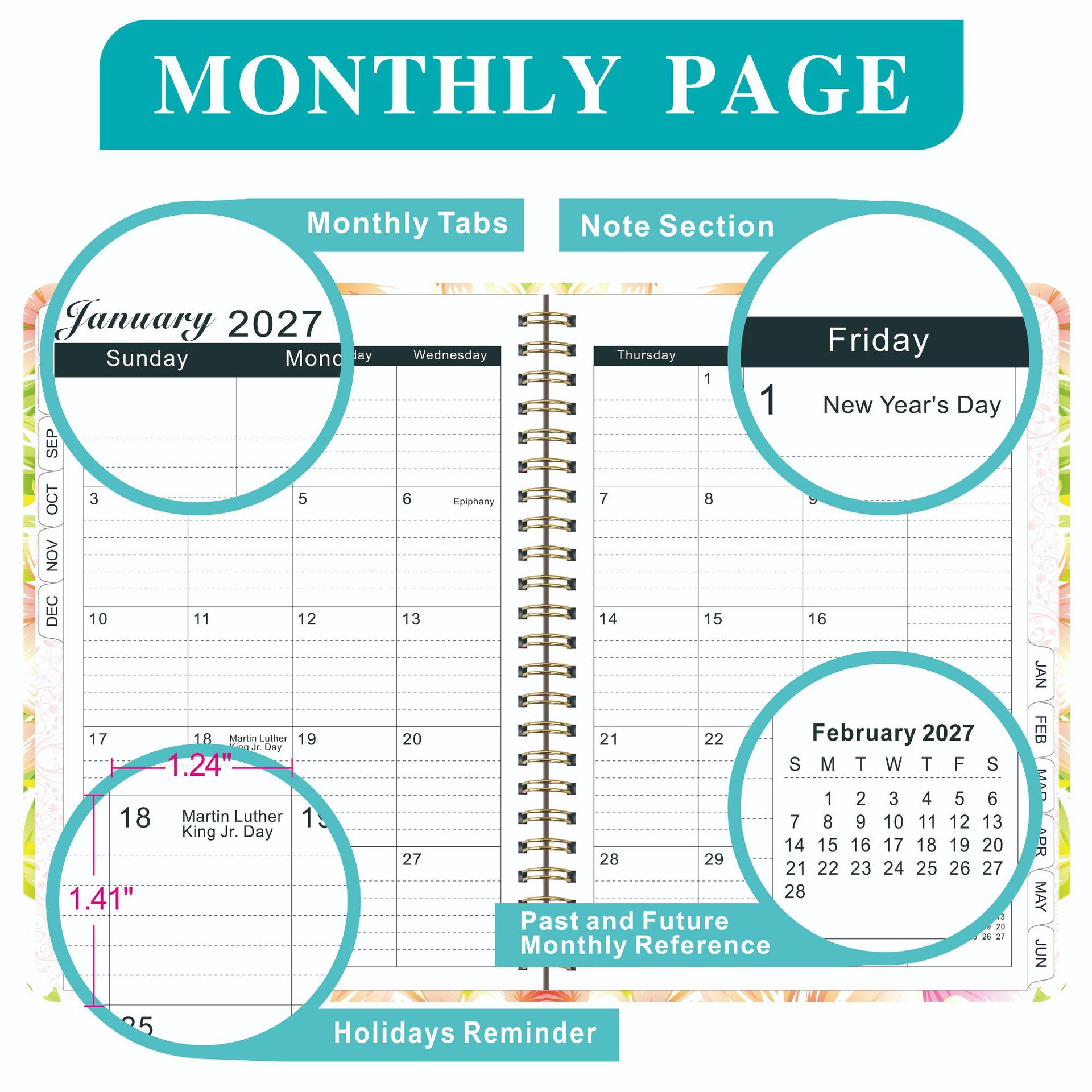 Agenda A5 transfronteriza de 26 años con páginas separadas para planificación de trabajo, registro de entrada, cuaderno de espiral en inglés.
