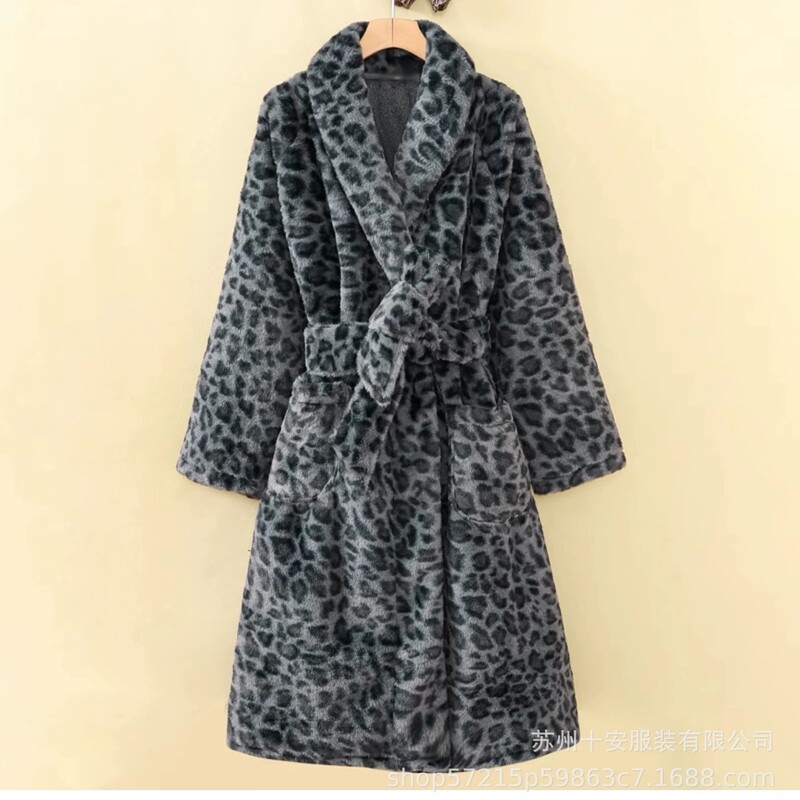 Customized Export Foreign Trade Men's and Women's Long Fur Leopard Print Lapel Bathrobe, Faux Rabbit Fur Thickened Bathrobe, Loungewear