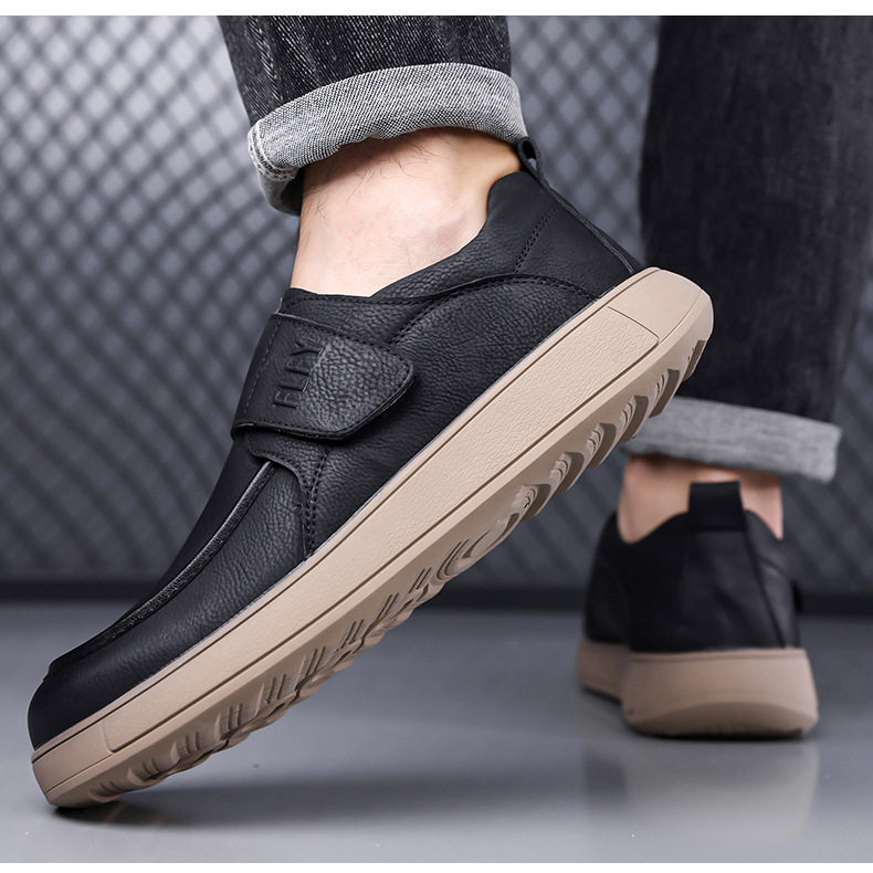 Giày lười nam da PU kiểu retro, quai dán Velcro, form rộng thoải mái, đế cao su êm chân — Màu đen, màu vàng chi tiết 20