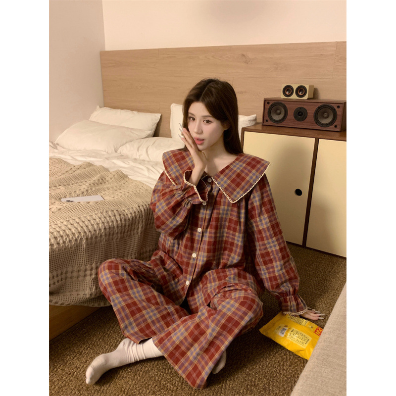 2025 봄 신상품 베이비 칼라 플레드 긴팔 팬츠 카디건 세트 파자마 여성 홈 의류