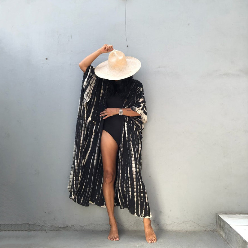 Rayon Water Print Bikini Cover up Loose Dress Sexy Cardigan Beach Sun Protection Shirt European American Style Women's Clothing Swimwear_ecoleips.com