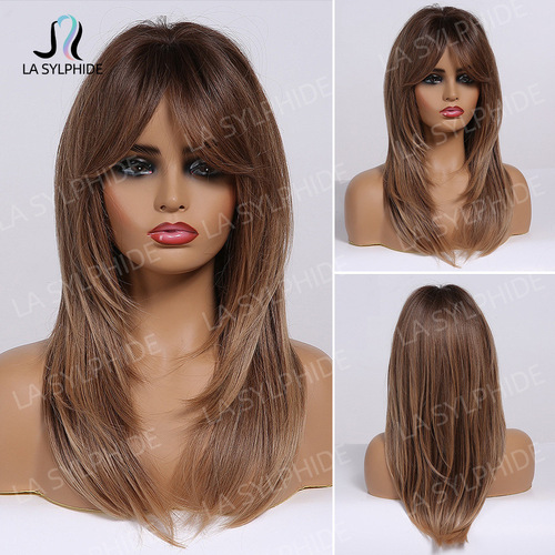 Eight-character bangs, medium-long textured straight hair, Wigs, European and American intellectual wigs for women, machine-made golden chemical fiber headgear