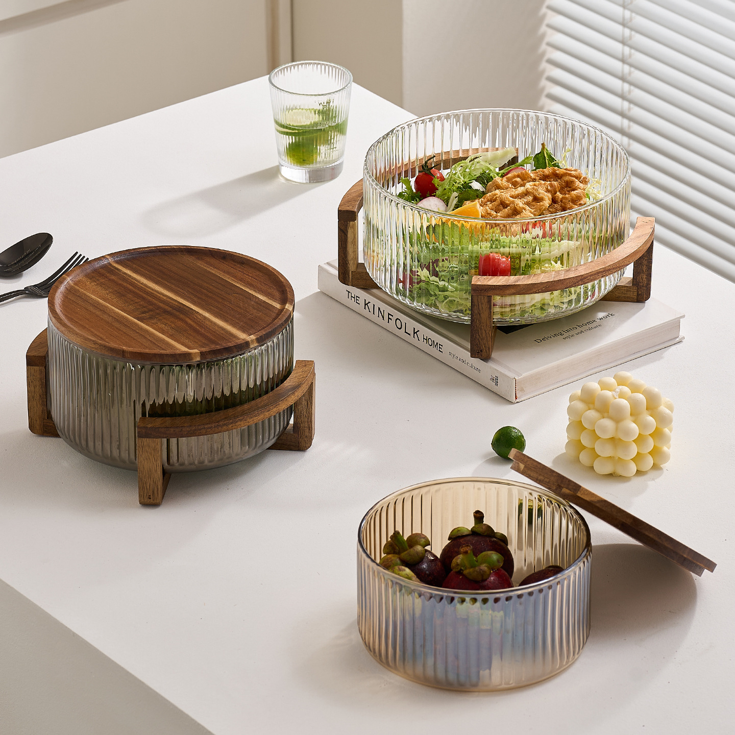 Resistente al calor y frío de estilo japonés, vidrio vertical de bambú, marco de madera, ensalada de frutas, paneles de exhibición, restaurantes, picnic al aire libre, fotos