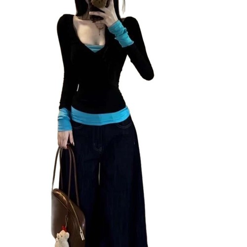 Ultra-comfortable modal V-neck faux two-piece contrast-color long-sleeve T-shirt for women—perfect for spring and summer, offering a slimming, figure-flattering fit as a versatile inner layer or base top.