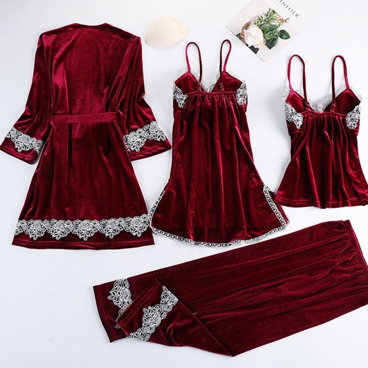 Amazon factory supply pajamas Europe and the United States cross-border sexy underwear temptation lace pajamas gold velvet pajamas suit