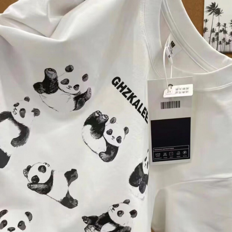 National Style Cartoon Panda Pure Cotton Short-sleeved T-shirt Women's Summer New Arrival Loose Casual Clothing Trendy Brand Round Neck Half-sleeved Top