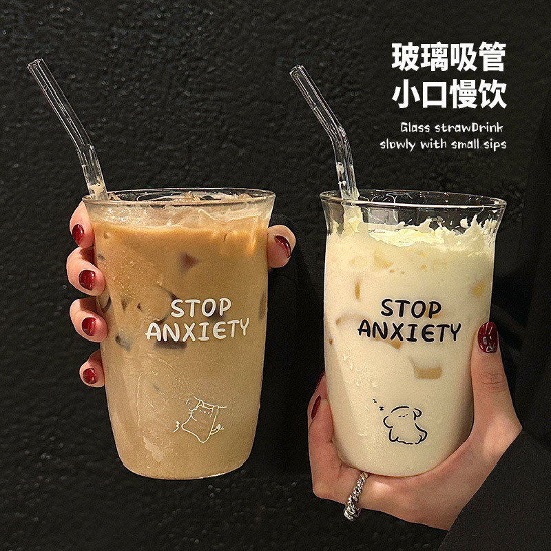 女の子高ホウケイ酸ストローカップガラスウォーターカップミルクカップ夏の新しいかわいいコーヒーカップ大容量|undefined