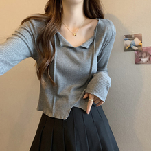 锁骨V领长袖t恤女法式内搭新款秋装设计感洋气别致小个子短款上衣