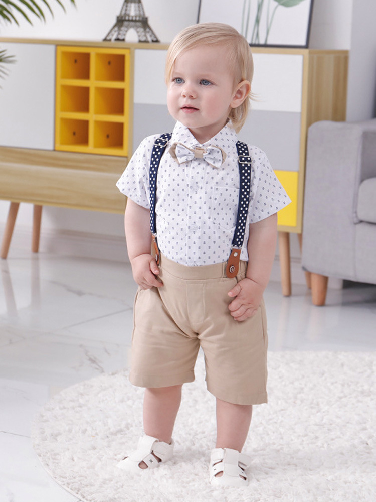 Ropa para niños al por mayor entrega de una sola pieza pantalones de tirantes finos británicos ropa de tres piezas para niños ropa de verano para niños de manga corta