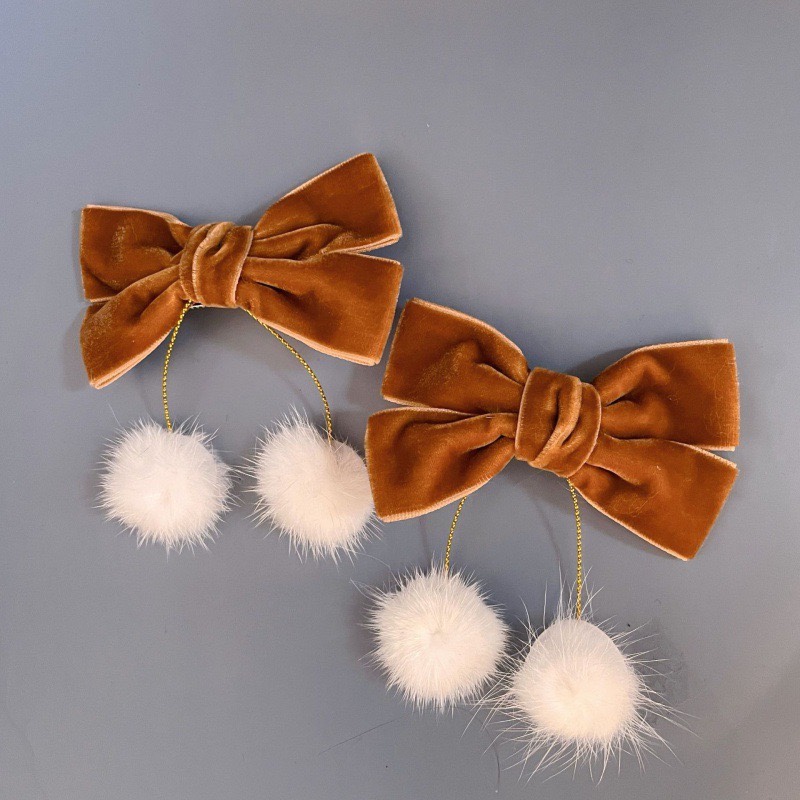 韩国儿童新年红色丝绒蝴蝶结发夹宝宝毛球流苏可爱公主对夹头饰新