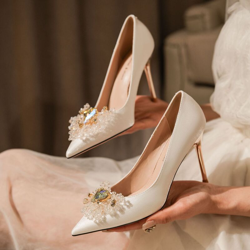 9888A-070 satin rhinestone applique stiletto heel white high heels wedding banquet women's shoes wedding shoes bridesmaid shoes