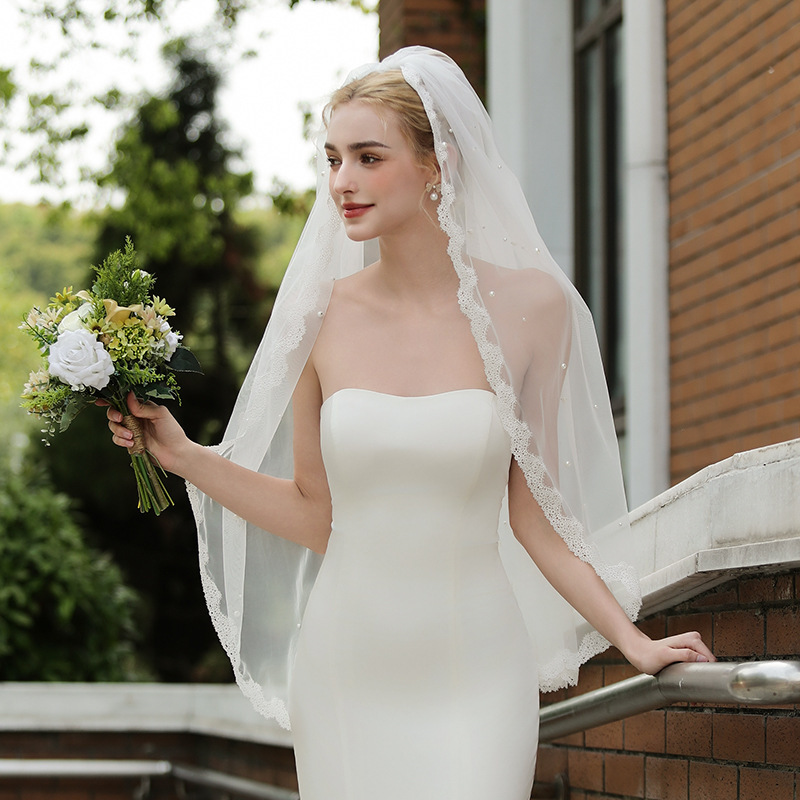 V1733新娘结婚蕾丝密钉珠缝发梳新娘拍照结婚中长腰部1米面头纱|undefined