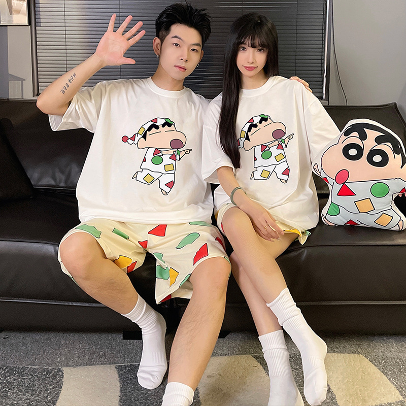 Lápiz japonés pequeño nuevo pijama de pareja mujer algodón de verano manga corta dibujos animados lindos hombres ropa de casa set de verano