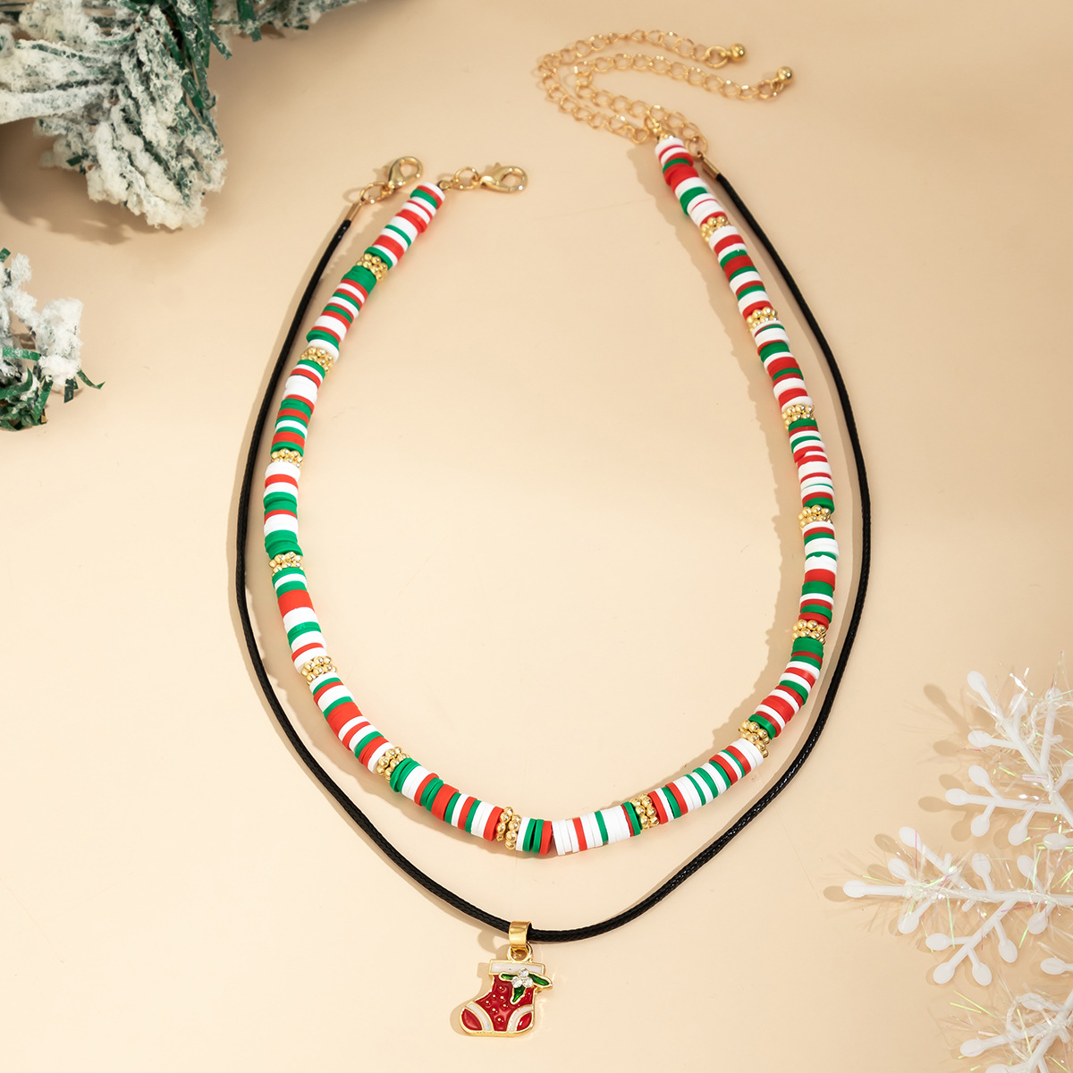 Christmas Beaded Choker Necklace With Crystal Snowman Charms_voghion.com