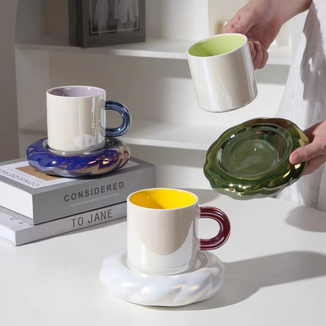 Estilo nórdico simple perla esmalte Taza de cerámica plato combinación taza de café con mano regalo taza de la personalidad taza de té