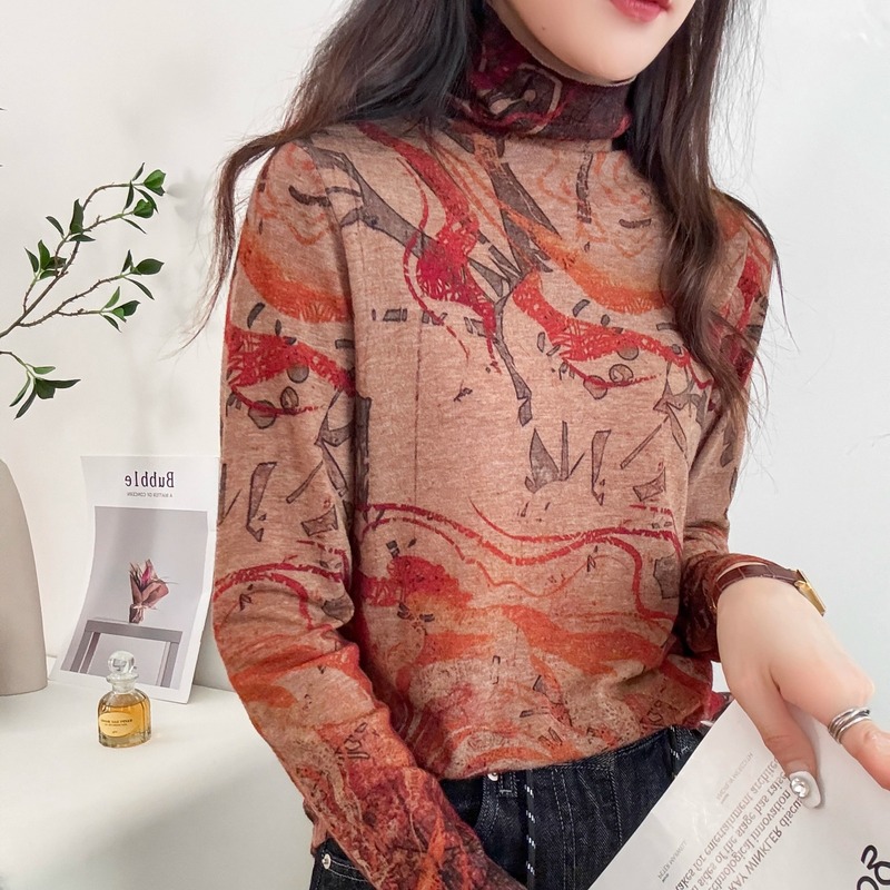 细腻保暖精纺100%水溶羊毛高领秋冬印花毛衣显瘦打底衫薄款|undefined