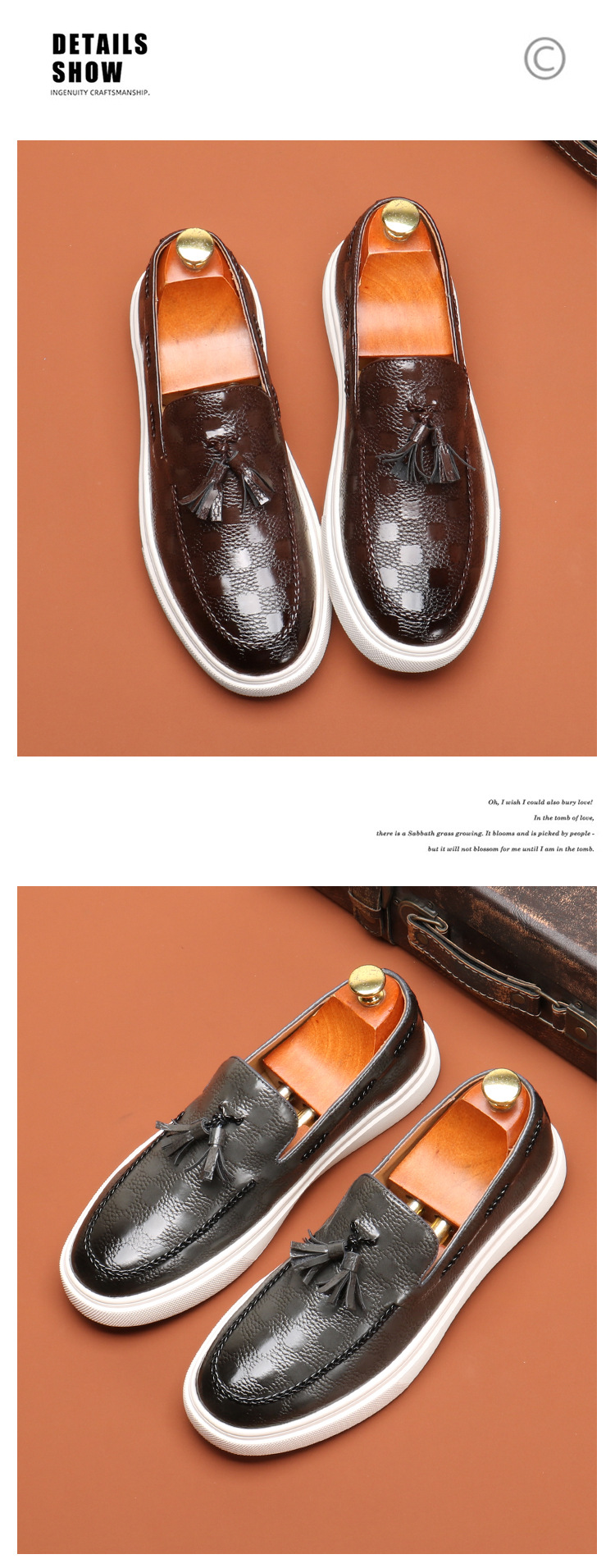 New bean shoes men's loafer English fringe advanced slip-on_vogvips.com