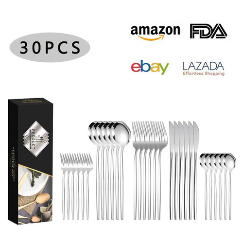 Cross-border stainless steel tableware Portugal knife fork spoon gift set light luxury gold steak knife fork set 30 pieces set