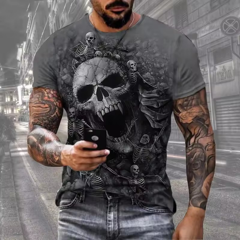 Thriller Hell Skeleton 3D Print Camiseta de cuello redondo de manga corta transpirable de malla suelta de verano para hombre