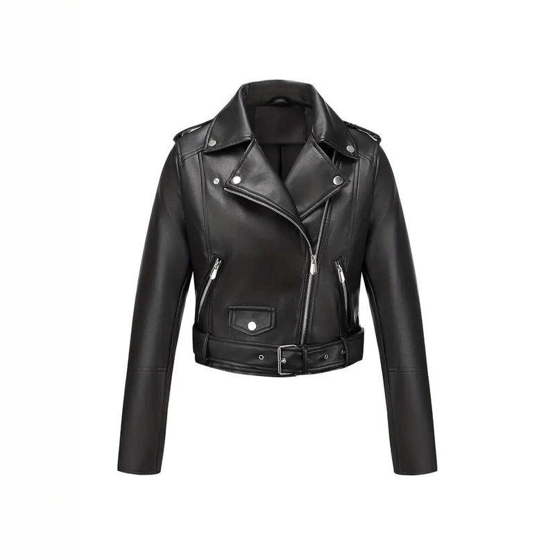 2025 Cross-Border European and American Sexy Leather Jacket Short Lapel Motorcycle Style Women's Top Pu Leather Jacket with Belt 2025 Cross-Border European and American Sexy Leather Jacket Short Lapel Motorcycle Style Women's Top Pu Leather Jacket with Belt