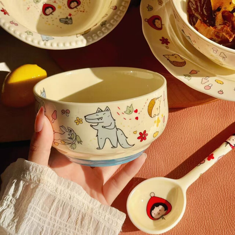Cartoon Rice Bowl for Home Use, New Cute Ceramic Tableware, Children's Bowl, Plate, Rice Bowl, Small Bowl, Dessert Bowl, Spoon