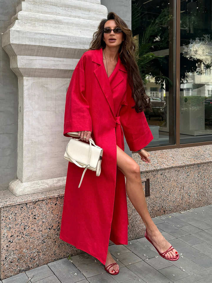 Đầm dài nữ chất liệu cotton lanh, cổ chữ V ve áo, tay dài, dáng rộng thắt dây — Xanh trái cây, Đỏ tươi