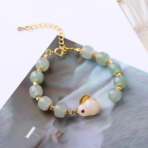 New Chinese Style Natural Green Dongling Jade Rabbit Bead Bracelet, National Style Minimalist Traditional Rabbit Bracelet for Animal Year