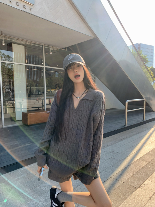 毛衣女秋季韩系宽松百搭休闲麻花翻领针织衫慵懒风半开领长袖上衣|undefined