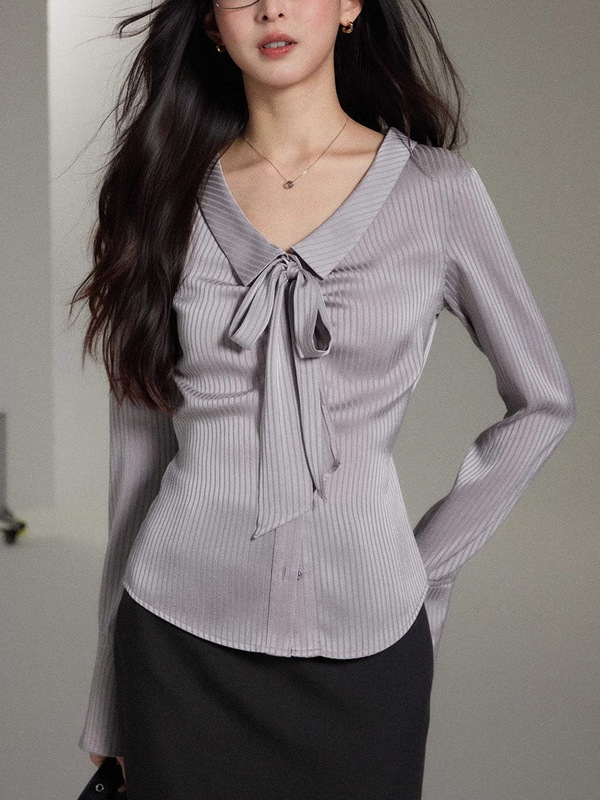 贰羊设计【欣颜】气质灰色缎面条纹衬衫女翻领飘带通勤高级感衬衣|undefined
