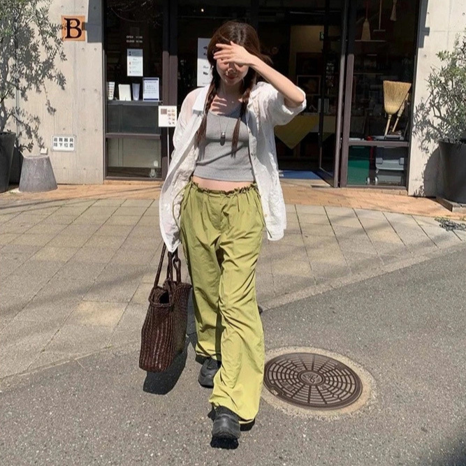 Non-Returnable and Non-Exchangeable 2025 New Summer Korean Style High-Waist Slim Drawstring Lightweight Wide-Leg Straight Casual Pants for Women