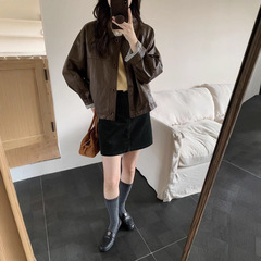 秋季复古高级感圆领皮衣外套宽松休闲夹克小个子短上衣女